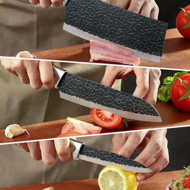 Alt view image 2 of 7 - 3PCS Chef Knife, Little Cook Chef Knife Set, Includes 7 inch Chef Knife, 7 inch Cleaver Knife and 4.5 inch Boning Knife, Premium Stainless Steel With Ergonomic Plastic Handle (Blackening technique)