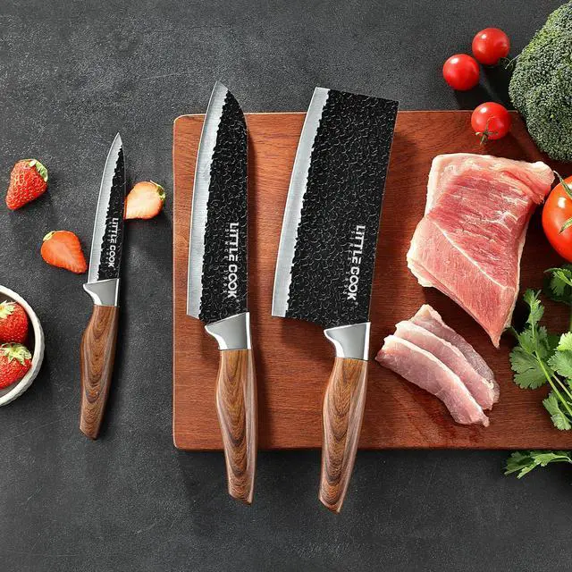 Alt view image 6 of 7 - 3PCS Chef Knife, Little Cook Chef Knife Set, Includes 7 inch Chef Knife, 7 inch Cleaver Knife and 4.5 inch Boning Knife, Premium Stainless Steel With Ergonomic Plastic Handle (Blackening technique)