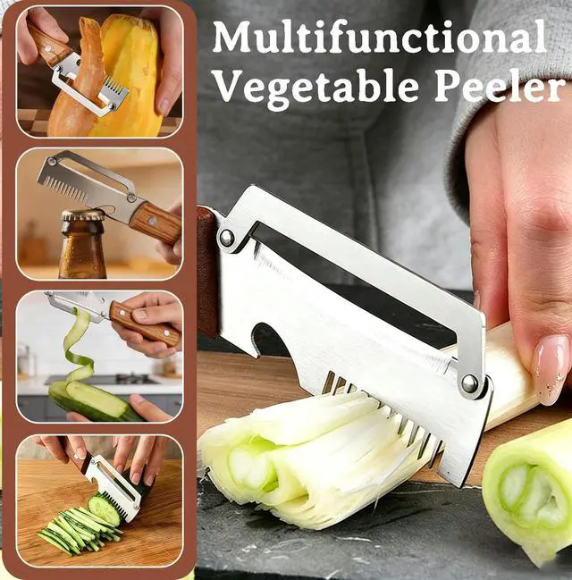 Alt view image 3 of 6 - 2 Pcs Multi-Functional Vegetable Peeler, Stainless Steel Thickened Fruit Peeler Knife with Wooden Handle & Bottle Opener, 2-in-1/3-in-1 Kitchen Tool for Home Cooking