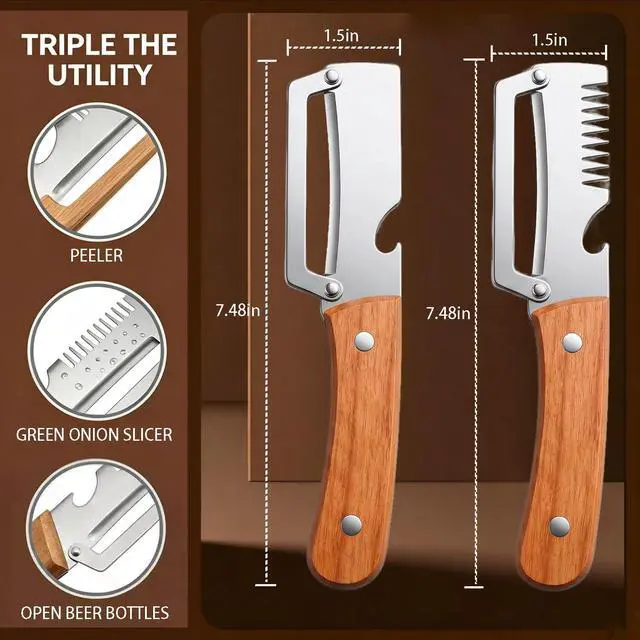 Alt view image 6 of 6 - 2 Pcs Multi-Functional Vegetable Peeler, Stainless Steel Thickened Fruit Peeler Knife with Wooden Handle & Bottle Opener, 2-in-1/3-in-1 Kitchen Tool for Home Cooking