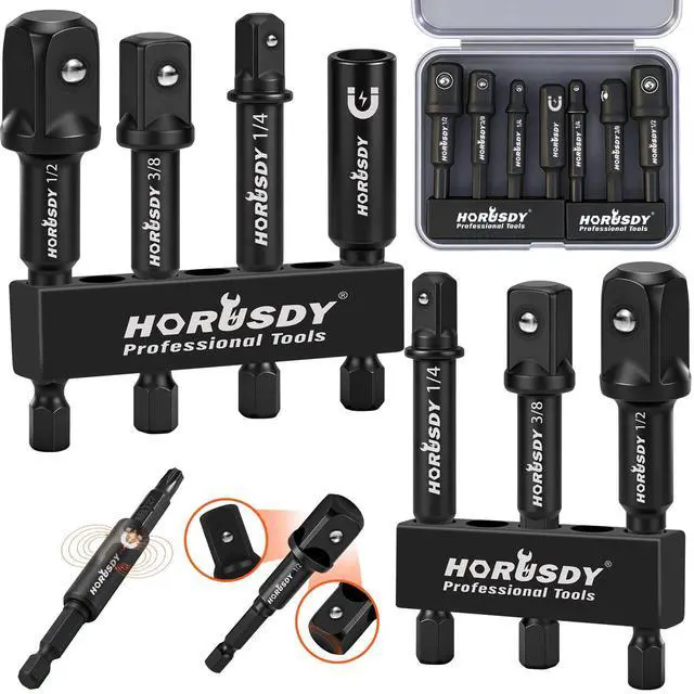 Main image of 7-Piece High Torque Impact Socket Adapter & Magnetic Bit Holder Set, 1/4" Hex Shank Drill Socket Adapter to 1/2" 3/8" 1/4" Drive, Magnetic Bit Holder for Impact Driver & Drill, With Organizer Rack