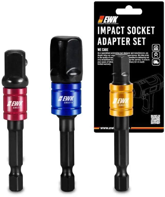 Main image of 3-Pcs CR-MO Impact Socket Adapter Set, 1/4" Hex Shank to 1/4", 3/8", 1/2" Drive, Drill Nut Driver Bit Extensions for Impact Driver, Power Drill, Electric Screwdriver and Ratchet