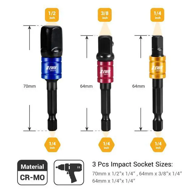 Alt view image 2 of 5 - 3-Pcs CR-MO Impact Socket Adapter Set, 1/4" Hex Shank to 1/4", 3/8", 1/2" Drive, Drill Nut Driver Bit Extensions for Impact Driver, Power Drill, Electric Screwdriver and Ratchet