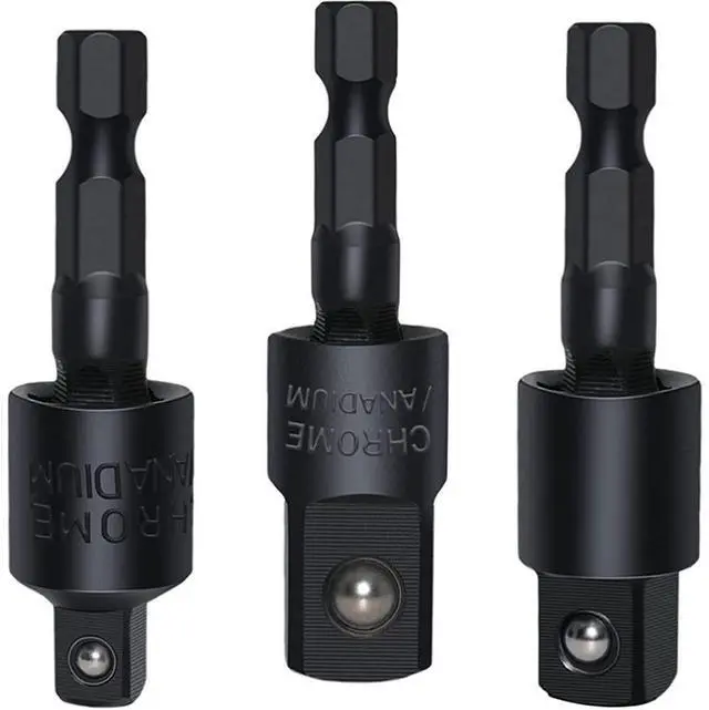 Main image of 3 Pieces Wobble Socket Adapters, 1/4" Hex Shank to 1/4" 3/8" 1/2" Square Socket Drives, 360° Rotatable Universal Joint Swivel Socket Set for Cordless Drills Ratchet Extension