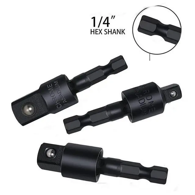 Alt view image 6 of 7 - 3 Pieces Wobble Socket Adapters, 1/4" Hex Shank to 1/4" 3/8" 1/2" Square Socket Drives, 360° Rotatable Universal Joint Swivel Socket Set for Cordless Drills Ratchet Extension