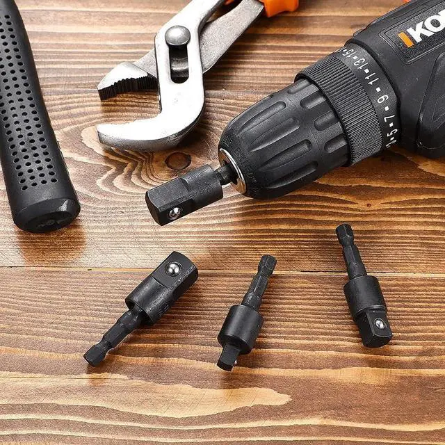 Alt view image 4 of 7 - 3 Pieces Wobble Socket Adapters, 1/4" Hex Shank to 1/4" 3/8" 1/2" Square Socket Drives, 360° Rotatable Universal Joint Swivel Socket Set for Cordless Drills Ratchet Extension