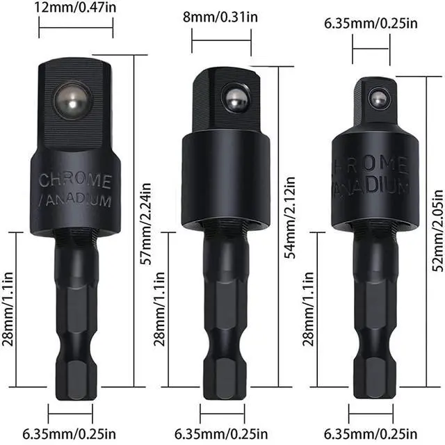 Alt view image 2 of 7 - 3 Pieces Wobble Socket Adapters, 1/4" Hex Shank to 1/4" 3/8" 1/2" Square Socket Drives, 360° Rotatable Universal Joint Swivel Socket Set for Cordless Drills Ratchet Extension