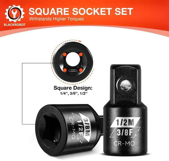 Alt view image 4 of 6 - 4 Piece Impact Socket Adapter Set, 1/4" 3/8" 1/2" SAE Drive Socket Adapter Set, Square Adapter and Reducer Conversion Set for Impact Driver Wrench, Cr-Mo Steel