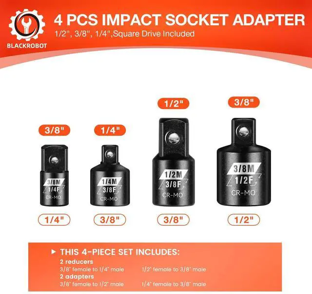 Alt view image 2 of 6 - 4 Piece Impact Socket Adapter Set, 1/4" 3/8" 1/2" SAE Drive Socket Adapter Set, Square Adapter and Reducer Conversion Set for Impact Driver Wrench, Cr-Mo Steel