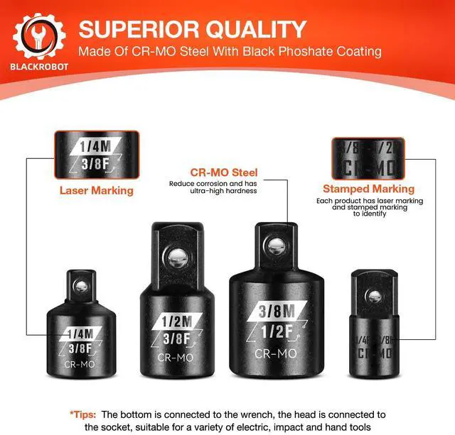 Alt view image 5 of 6 - 4 Piece Impact Socket Adapter Set, 1/4" 3/8" 1/2" SAE Drive Socket Adapter Set, Square Adapter and Reducer Conversion Set for Impact Driver Wrench, Cr-Mo Steel