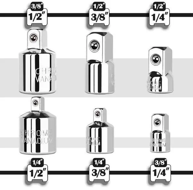 Alt view image 2 of 7 - 6 Piece Socket Adapter and Reducer Set, 1/4", 3/8", 1/2" Chrome Vanadium Steel Ratchet/Socket Extension/Conversion Kit for Automotive Maintenance