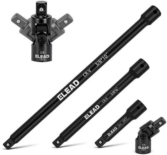 Main image of 4-Piece 3/8" Drive Socket Extension Bar Set, 3, 6, 10 inch Professional Extension Set, 3/8 Inch Drive Universal Joint Socket, Premium Cr-V Steel Sockets Wrench Extender