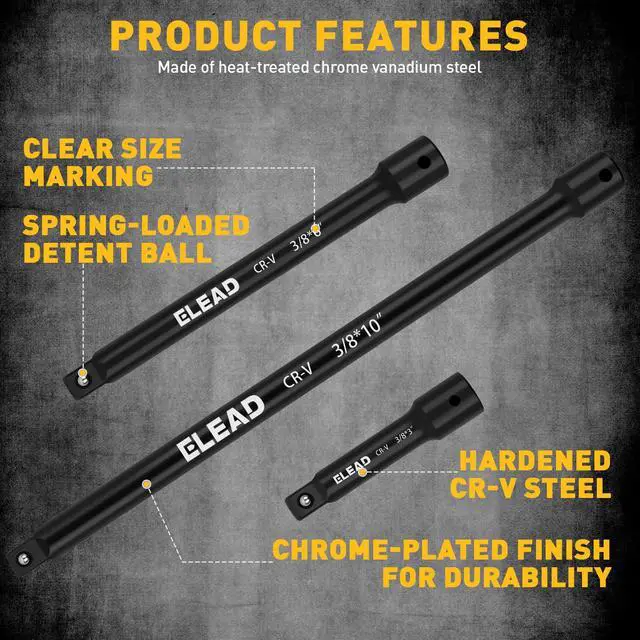 Alt view image 2 of 6 - 4-Piece 3/8" Drive Socket Extension Bar Set, 3, 6, 10 inch Professional Extension Set, 3/8 Inch Drive Universal Joint Socket, Premium Cr-V Steel Sockets Wrench Extender