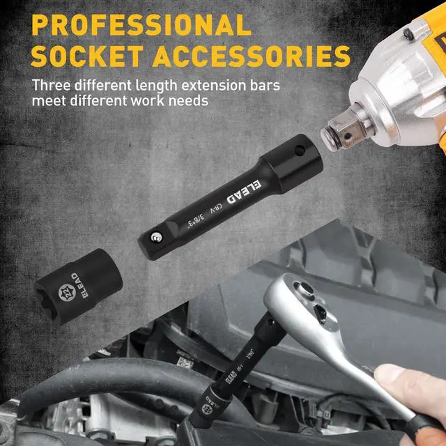 Alt view image 4 of 6 - 4-Piece 3/8" Drive Socket Extension Bar Set, 3, 6, 10 inch Professional Extension Set, 3/8 Inch Drive Universal Joint Socket, Premium Cr-V Steel Sockets Wrench Extender