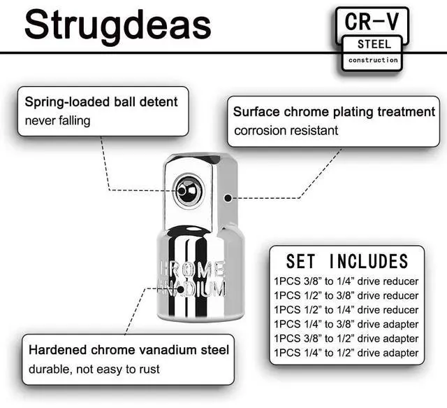 Alt view image 3 of 7 - 6 Piece Socket Adapter and Reducer Set, 1/4", 3/8", 1/2" Chrome Vanadium Steel Ratchet/Socket Extension/Conversion Kit for Automotive Maintenance