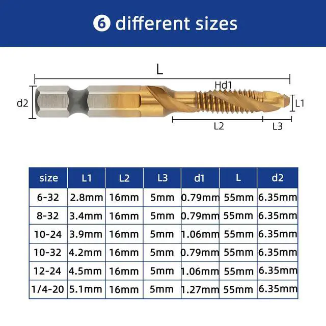 Alt view image 2 of 6 - Combination Drill & Tap Bit Set, 6 pc SAE (6-32NC-1/4-20NC) Drill Bits Kit