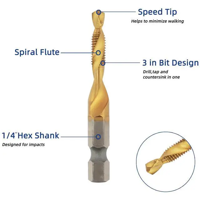 Alt view image 4 of 6 - Combination Drill & Tap Bit Set, 6 pc SAE (6-32NC-1/4-20NC) Drill Bits Kit