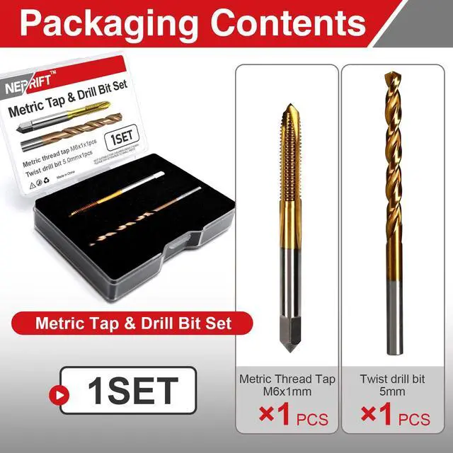 Alt view image 2 of 7 - M6 x 1 Tap and 5.0mm Drill Bit Set, HSS M2 Taps and M35 Cobalt Drill Bits