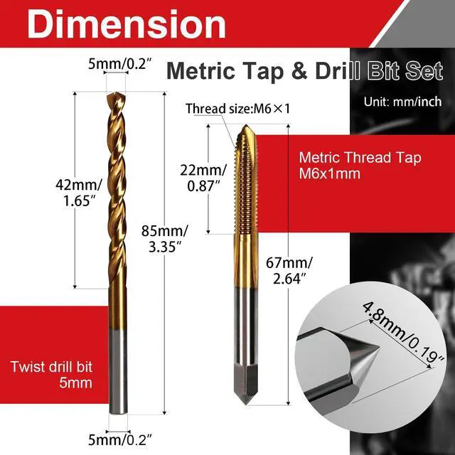 Alt view image 3 of 7 - M6 x 1 Tap and 5.0mm Drill Bit Set, HSS M2 Taps and M35 Cobalt Drill Bits