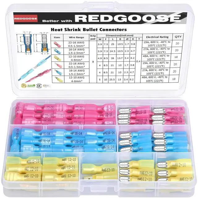 Main image of 100PCS Heat Shrink Bullet Connectors 22-10 Gauge Insulated Waterproof Electrical Marine Automotive Female and Male Butt Crimp Terminals Assortment Kit