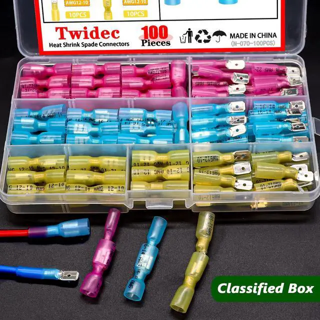 Alt view image 4 of 6 - /100PCS Heat Shrink Spade Connectors Kit 22-10 AWG Female and Male Spade Terminlas Quick Disconnect Connectors Fully Insulated Electrical Wire Crimp Connector for Automotive Marine N-070-100PCS