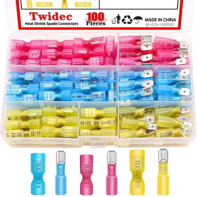 Main image of /100PCS Heat Shrink Spade Connectors Kit 22-10 AWG Female and Male Spade Terminlas Quick Disconnect Connectors Fully Insulated Electrical Wire Crimp Connector for Automotive Marine N-070-100PCS