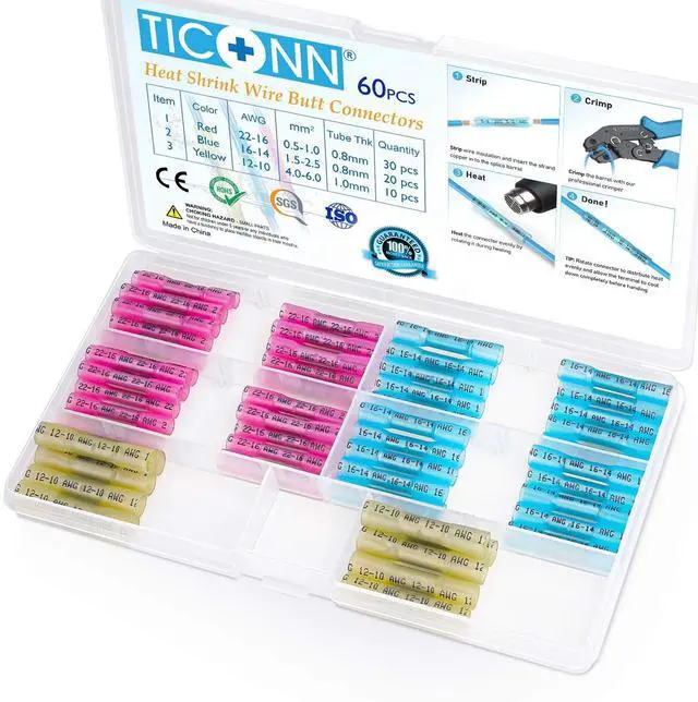 Main image of 60PCS Heat Shrink Butt Wire Connector Kit, Insulated Waterproof Electrical Wire Crimp Terminals Butt Splice for Marine Automotive (60PCS)