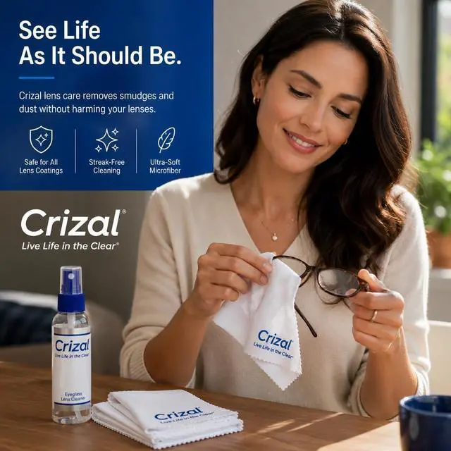 Alt view image 4 of 7 - Premium Eyeglass Cleaner Kit | Lens Cleaning Solution & Microfiber Cloth | Designed & Tested by Crizal® | Safe for Advanced AR-Coated & Premium Lenses | 2 oz