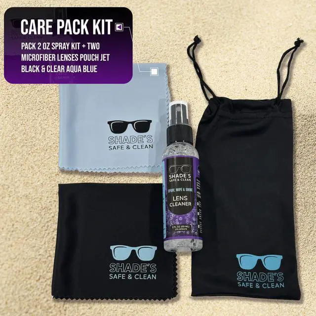 Alt view image 2 of 7 - Shade's Lens Cleaner Care Pack (1) 2oz Cleaner Bottle + (2) Shade's Microfiber Cloth Jet Black & Clear Aqua Blue plus(1) Microfiber Lenses Pouch Black