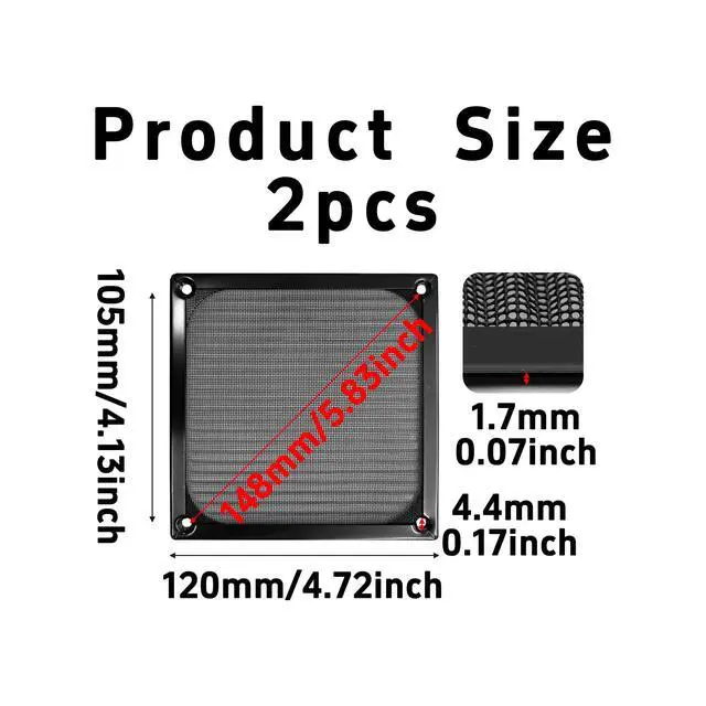 Alt view image 2 of 6 - 2Pcs 120mm Computer Fan Dust Filter Grill with Screws, Aluminum Frame Stainless Steel Mesh Dustproof Cover for Computer Case(Black)