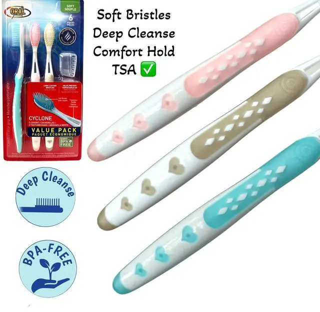 Alt view image 4 of 7 - 3pc Soft Toothbrush Deep Cleaning Sensitive Teeth Gum Extra Fine Bristles Ergonomic Non-Slip Comfort Hold Easy Grip Tooth Brush & Caps BPA-Free