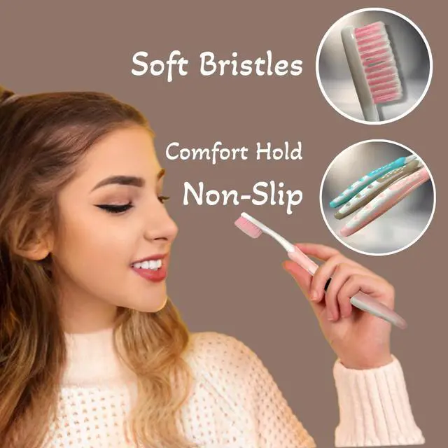 Alt view image 3 of 7 - 3pc Soft Toothbrush Deep Cleaning Sensitive Teeth Gum Extra Fine Bristles Ergonomic Non-Slip Comfort Hold Easy Grip Tooth Brush & Caps BPA-Free