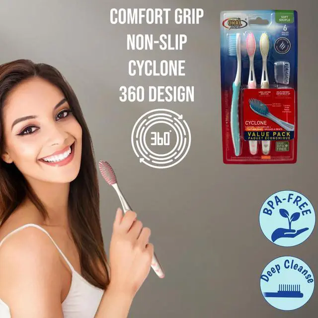 Alt view image 2 of 7 - 3pc Soft Toothbrush Deep Cleaning Sensitive Teeth Gum Extra Fine Bristles Ergonomic Non-Slip Comfort Hold Easy Grip Tooth Brush & Caps BPA-Free