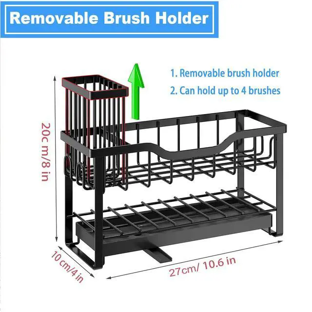 Alt view image 2 of 6 - 2-Tier Sponge Holder for Kitchen Sink, Caddy Organizer with High Brush Holder, Durable & Rustproof Kitchen Sink Accessories (Black)
