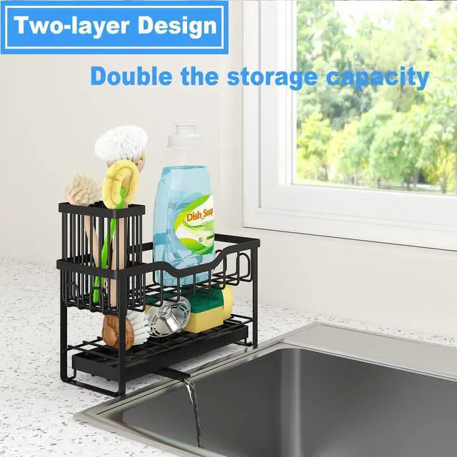 Alt view image 3 of 6 - 2-Tier Sponge Holder for Kitchen Sink, Caddy Organizer with High Brush Holder, Durable & Rustproof Kitchen Sink Accessories (Black)