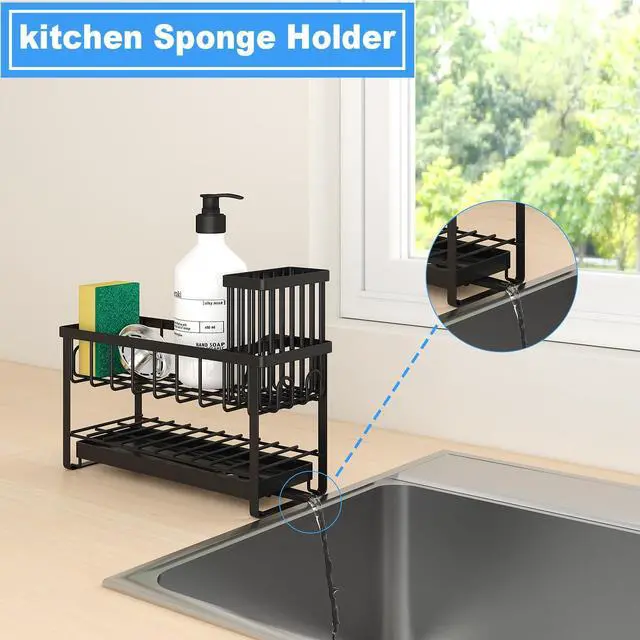 Alt view image 4 of 6 - 2-Tier Sponge Holder for Kitchen Sink, Caddy Organizer with High Brush Holder, Durable & Rustproof Kitchen Sink Accessories (Black)