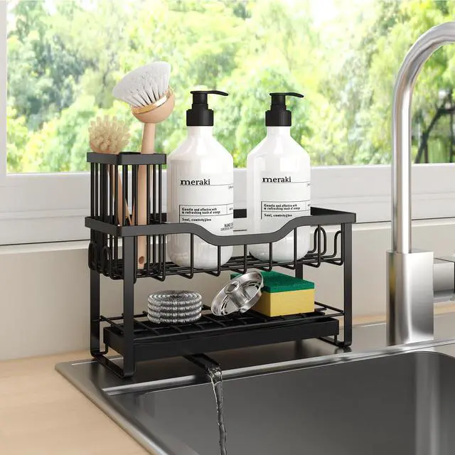 Alt view image 6 of 6 - 2-Tier Sponge Holder for Kitchen Sink, Caddy Organizer with High Brush Holder, Durable & Rustproof Kitchen Sink Accessories (Black)