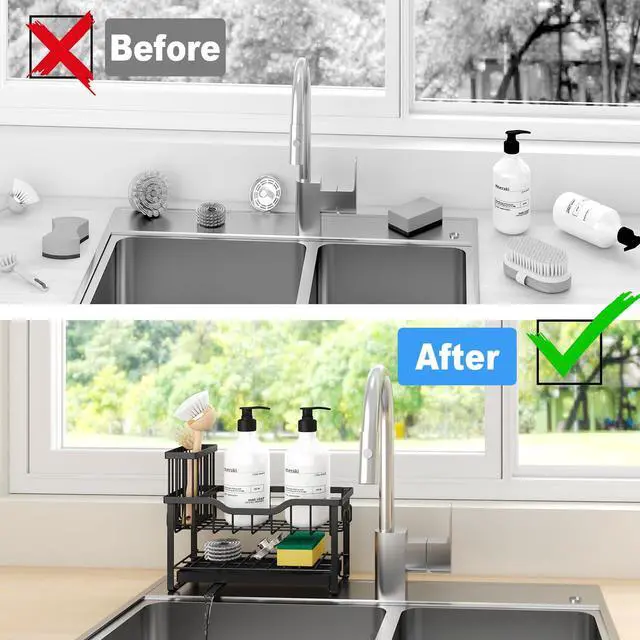 Alt view image 5 of 6 - 2-Tier Sponge Holder for Kitchen Sink, Caddy Organizer with High Brush Holder, Durable & Rustproof Kitchen Sink Accessories (Black)