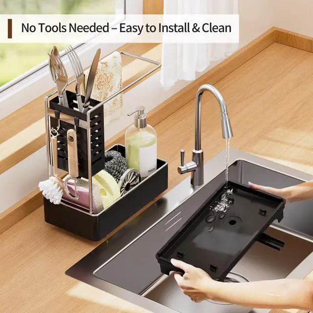 Alt view image 6 of 7 - 2-Tier Sponge Holder for Kitchen Sink, Sink Caddy Organizer Black