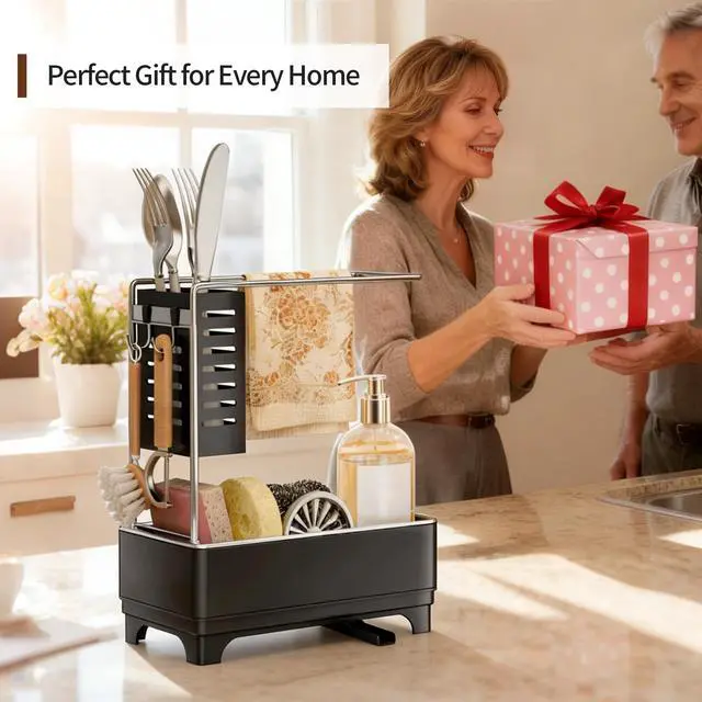 Alt view image 7 of 7 - 2-Tier Sponge Holder for Kitchen Sink, Sink Caddy Organizer Black