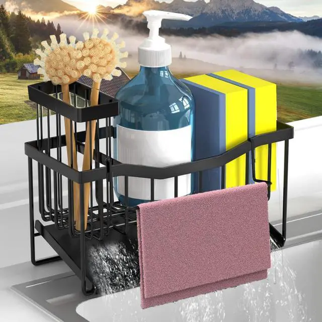 Main image of Sponge Holder for Kitchen Sink with Auto Draining Tray,Kitchen Sink Caddy Organizer with Rag Holder, Rustproof Stainless Steel Kitchen Organizers Soap Dispenser Storage Organize