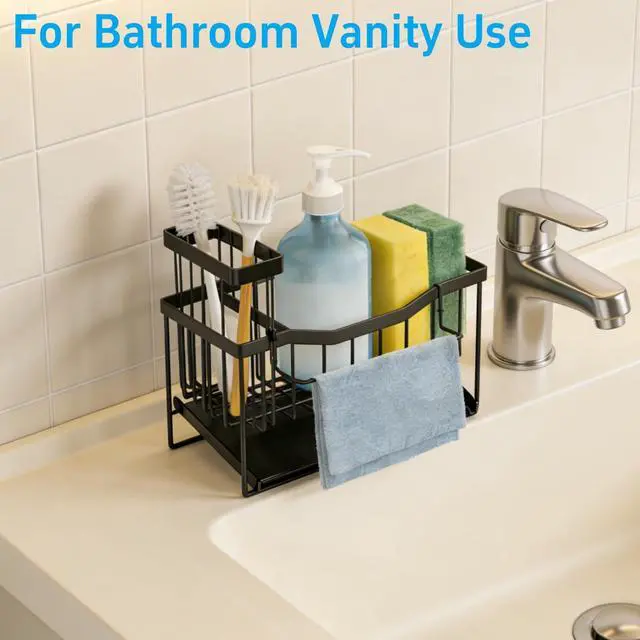 Alt view image 3 of 7 - Sponge Holder for Kitchen Sink with Auto Draining Tray,Kitchen Sink Caddy Organizer with Rag Holder, Rustproof Stainless Steel Kitchen Organizers Soap Dispenser Storage Organize