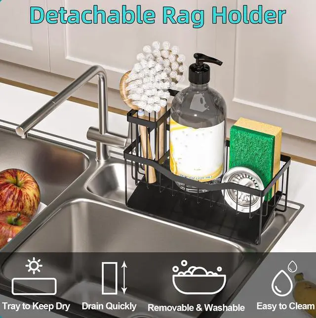 Alt view image 2 of 7 - Sponge Holder for Kitchen Sink with Auto Draining Tray,Kitchen Sink Caddy Organizer with Rag Holder, Rustproof Stainless Steel Kitchen Organizers Soap Dispenser Storage Organize