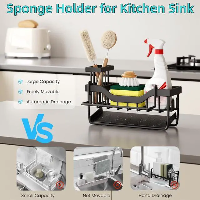 Alt view image 5 of 7 - Sponge Holder for Kitchen Sink with Auto Draining Tray,Kitchen Sink Caddy Organizer with Rag Holder, Rustproof Stainless Steel Kitchen Organizers Soap Dispenser Storage Organize