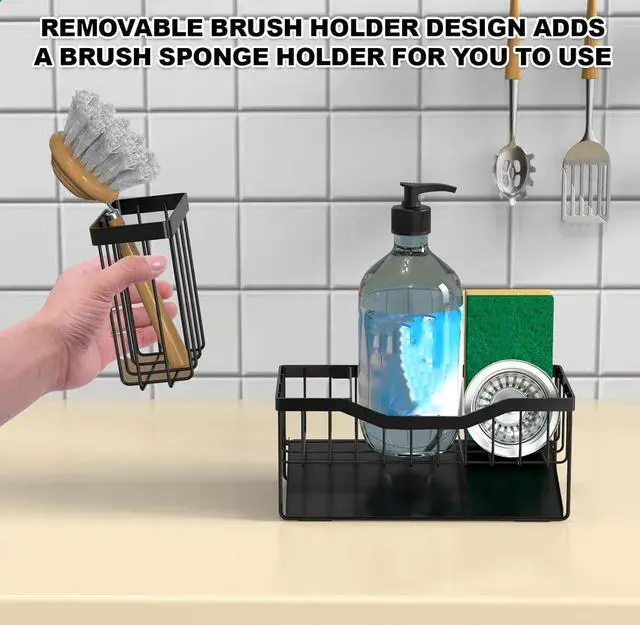 Alt view image 6 of 7 - Sponge Holder for Kitchen Sink with Auto Draining Tray,Kitchen Sink Caddy Organizer with Rag Holder, Rustproof Stainless Steel Kitchen Organizers Soap Dispenser Storage Organize