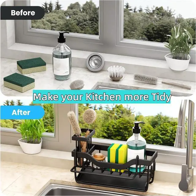 Alt view image 7 of 7 - Sponge Holder for Kitchen Sink with Auto Draining Tray,Kitchen Sink Caddy Organizer with Rag Holder, Rustproof Stainless Steel Kitchen Organizers Soap Dispenser Storage Organize