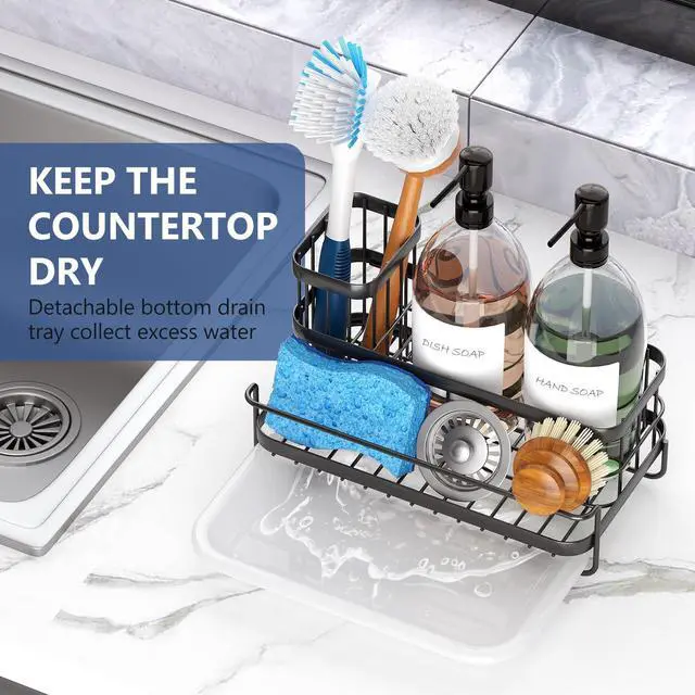 Alt view image 2 of 7 - Sink Caddy Kitchen Organizer, Non-Slip Dish Soap Dispenser Rack with Drain Tray, Rustproof Brush Holder for Countertop Storage (Matte Black)