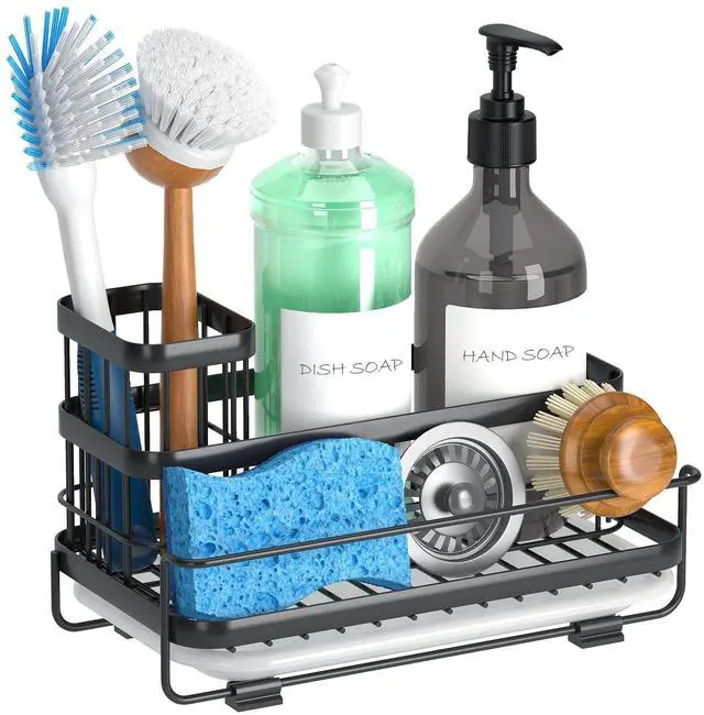 Main image of Sink Caddy Kitchen Organizer, Non-Slip Dish Soap Dispenser Rack with Drain Tray, Rustproof Brush Holder for Countertop Storage (Matte Black)