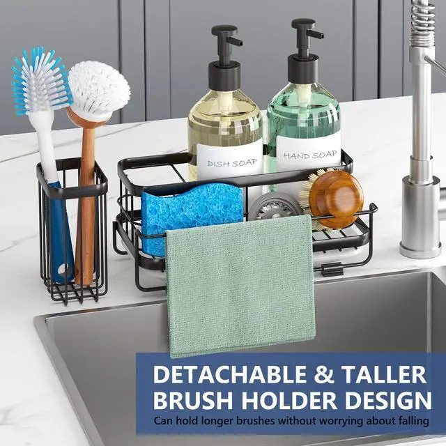 Alt view image 3 of 7 - Sink Caddy Kitchen Organizer, Non-Slip Dish Soap Dispenser Rack with Drain Tray, Rustproof Brush Holder for Countertop Storage (Matte Black)