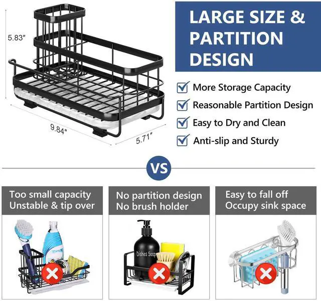 Alt view image 4 of 7 - Sink Caddy Kitchen Organizer, Non-Slip Dish Soap Dispenser Rack with Drain Tray, Rustproof Brush Holder for Countertop Storage (Matte Black)